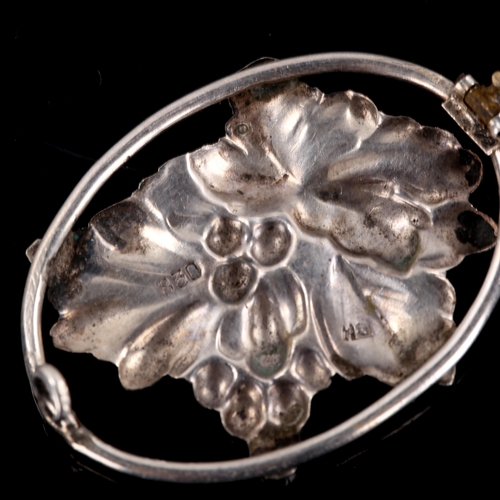 279 - 5 Vintage Danish silver floral brooches and a pendant, openwork stylised settings, makers include C ... 