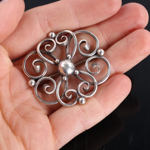 279 - 5 Vintage Danish silver floral brooches and a pendant, openwork stylised settings, makers include C ... 