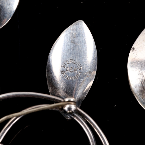 284 - 5 Danish stylised sterling silver leaf brooches, and a similar pair of clip-on earrings, makers incl... 