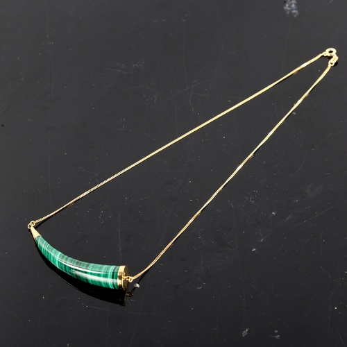 286 - A modern silver gilt malachite drinking horn pendant necklace, on trace curb link chain, necklace le... 