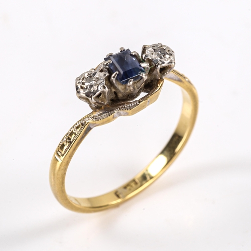 292 - A mid-20th century 18ct gold 3-stone sapphire and diamond crossover ring, platinum tops set with rec... 