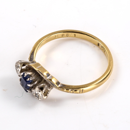 292 - A mid-20th century 18ct gold 3-stone sapphire and diamond crossover ring, platinum tops set with rec... 