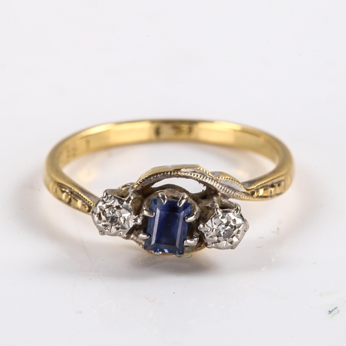 292 - A mid-20th century 18ct gold 3-stone sapphire and diamond crossover ring, platinum tops set with rec... 