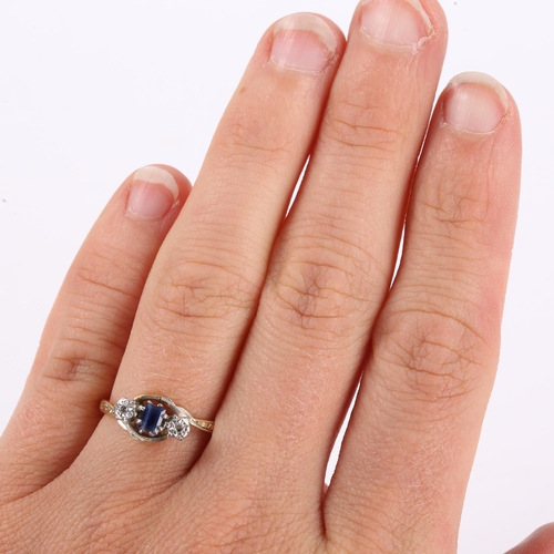 292 - A mid-20th century 18ct gold 3-stone sapphire and diamond crossover ring, platinum tops set with rec... 