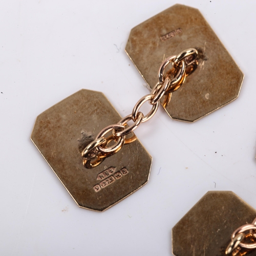 294 - A pair of mid-20th century 9ct gold octagonal panel cufflinks, engine turned and polished decoration... 