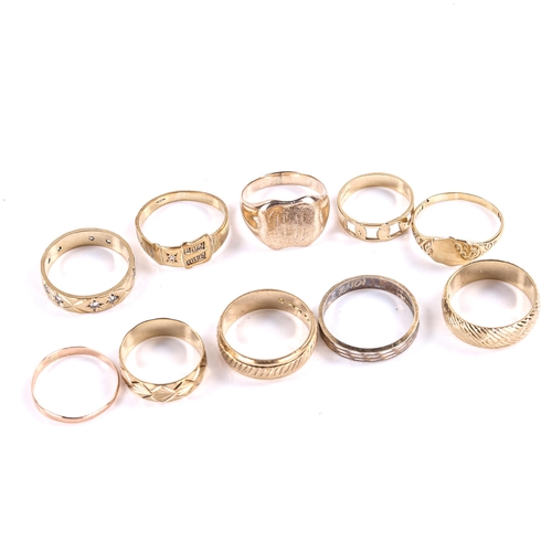 298 - 7 various 9ct gold rings, 20.4g, 2 9ct gold stone set rings, 4.9g, and an unmarked gold band ring, 0... 