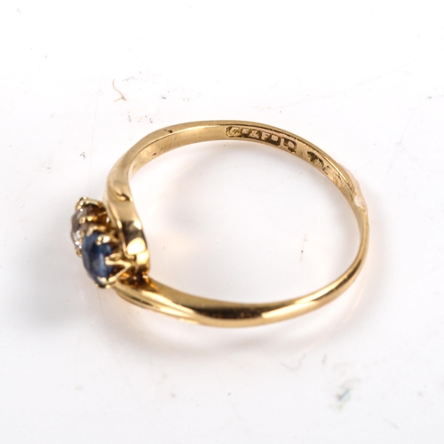 300 - An early 20th century 18ct gold 2-stone sapphire and diamond crossover ring, set with old European c... 