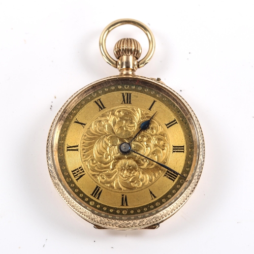 70 - A 9ct gold open-face top-wind fob watch, foliate engraved gilt dial with Roman numerals and blued st... 