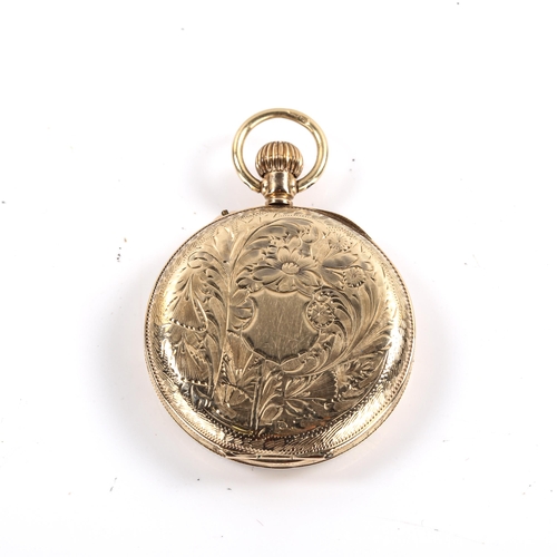 70 - A 9ct gold open-face top-wind fob watch, foliate engraved gilt dial with Roman numerals and blued st... 