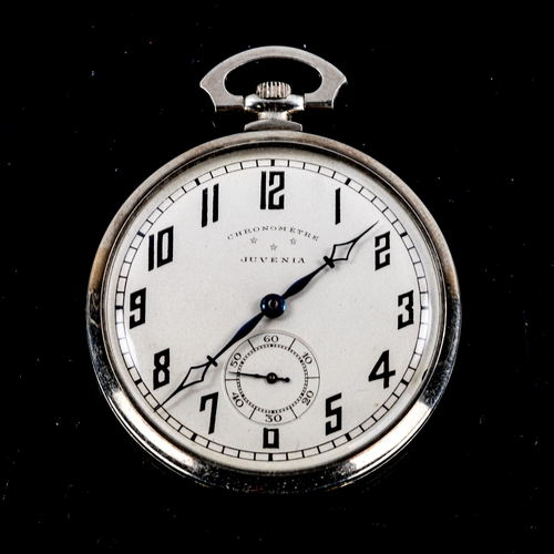 76 - JUVENIA - an Art Deco nickel plated open-face top-wind slimline Chronometre pocket watch, silvered d... 