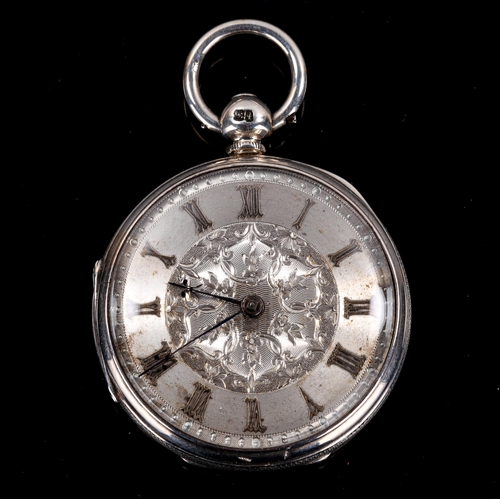 77 - A 19th century silver cased open-face key-wind pocket watch, foliate engraved silvered dial with app... 