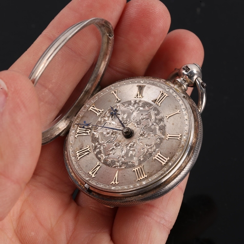 77 - A 19th century silver cased open-face key-wind pocket watch, foliate engraved silvered dial with app... 