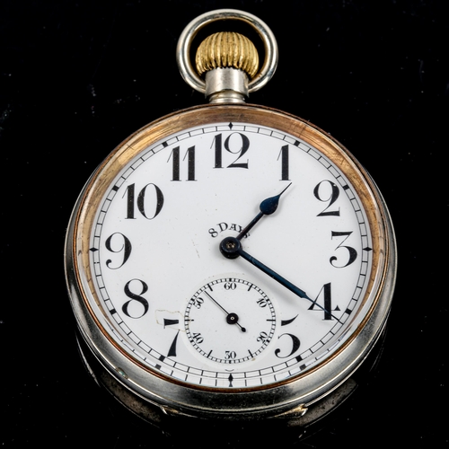 78 - A nickel 8-Day Goliath open-face top-wind pocket watch, white enamel dial with Arabic numerals, subs... 