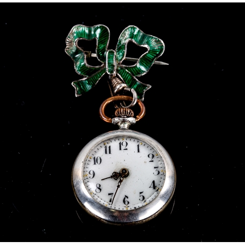 80 - A lady's Continental green enamel lapel fob watch, white enamel dial with Arabic numerals, engine tu... 