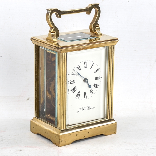 84 - J W BENSON - a brass cased carriage clock, white enamel dial with Roman numerals and exhibition glas... 