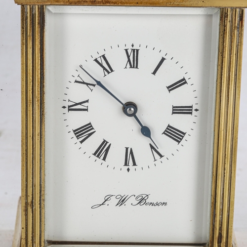 84 - J W BENSON - a brass cased carriage clock, white enamel dial with Roman numerals and exhibition glas... 