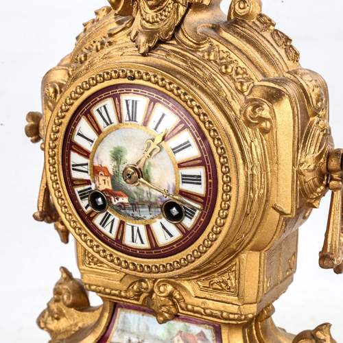 86 - An early 20th century French gilt-metal 8-day mantel clock, hand painted watercolour dial with Roman... 