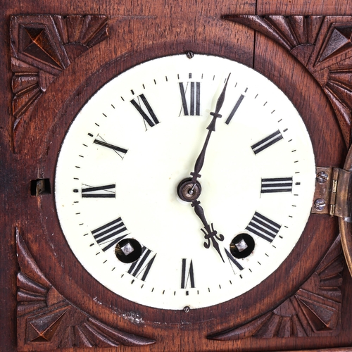 87 - An early 20th century German oak-cased 8-day architectural mantel clock, by Lenzkirch, cream enamel ... 