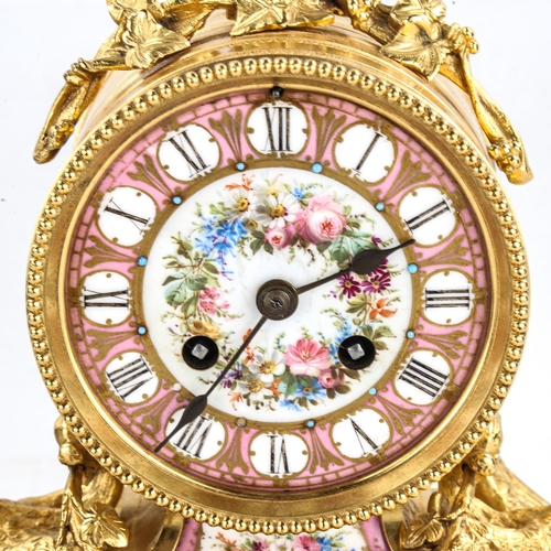 88 - A 19th century French ormolu drum-cased 8-day mantel clock, hand painted floral pink enamel dial, wi... 