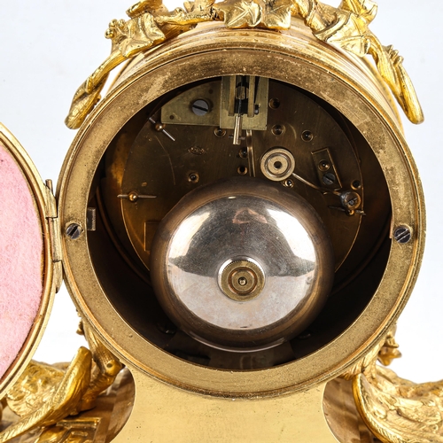 88 - A 19th century French ormolu drum-cased 8-day mantel clock, hand painted floral pink enamel dial, wi... 