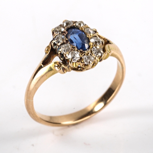 301 - A Victorian sapphire and diamond oval cluster ring, unmarked gold set with oval mixed cut sapphire a... 