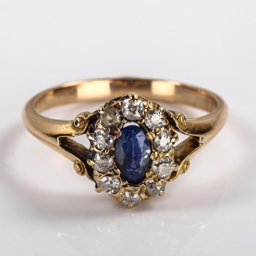 301 - A Victorian sapphire and diamond oval cluster ring, unmarked gold set with oval mixed cut sapphire a... 