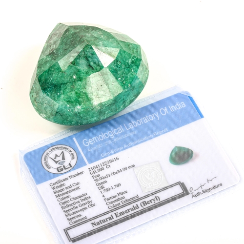 312 - 641ct unmounted pear cut emerald, dimensions: 59.00 x 53.00 x 34.00mm, 128.42g, with GLI Gemstone Re... 