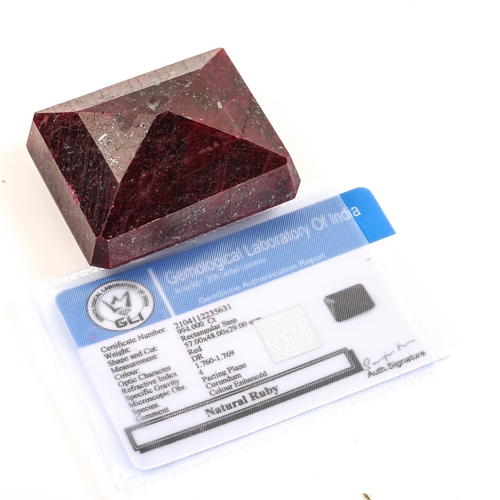 313 - 994ct unmounted rectangular step cut ruby, dimensions 57.00 x 48.00 x 29.22mm, 199.22g, with GLI Gem... 