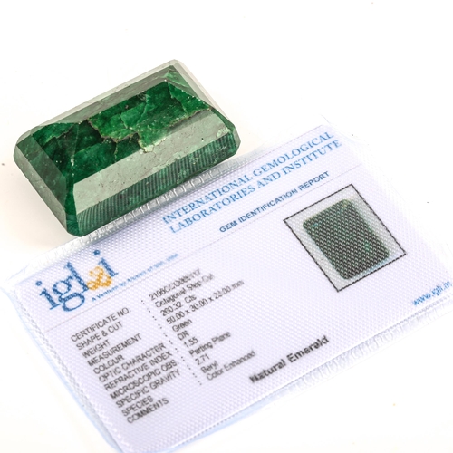 314 - 260.32ct emerald step-cut emerald, dimensions: 50mm x 30mm x 23mm, 52g, IGL Gemstone report card