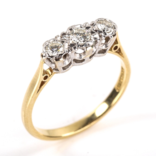 329 - A mid-20th century 18ct gold 3-stone diamond ring, platinum illusion tops with modern round brillian... 