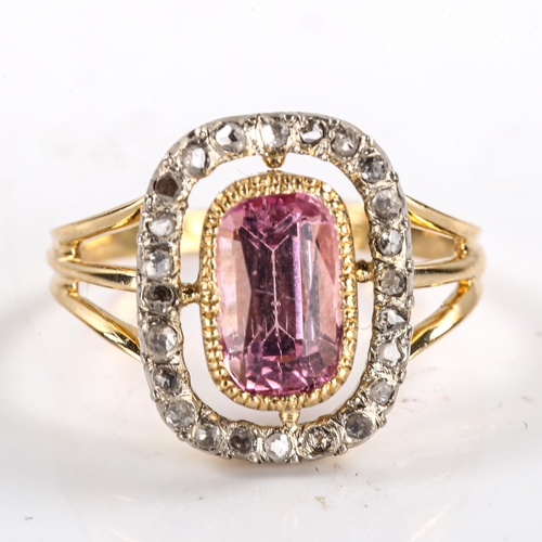 333 - An early 20th century 18ct gold pink tourmaline and diamond cluster ring, openwork design with oval ... 