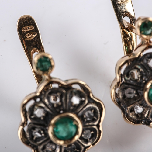 334 - A pair of Continental gold and silver emerald and diamond cluster earrings, late 20th century, set w... 