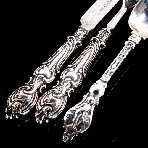 344 - A Victorian silver 3-piece christening set, comprising spoon, knife and fork, relief embossed cherub... 