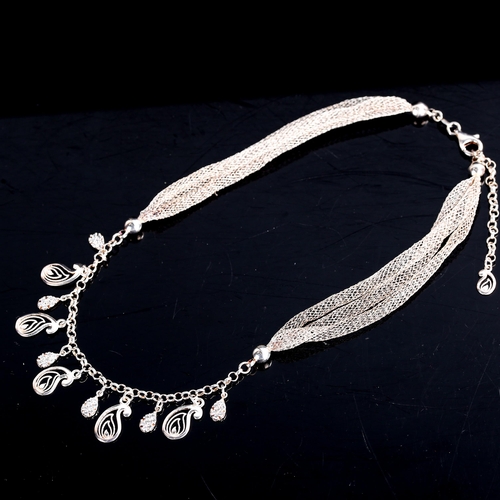 515 - A modern Italian silver and cubic zirconia fringe necklace, fine wirework mesh chain with stone set ... 