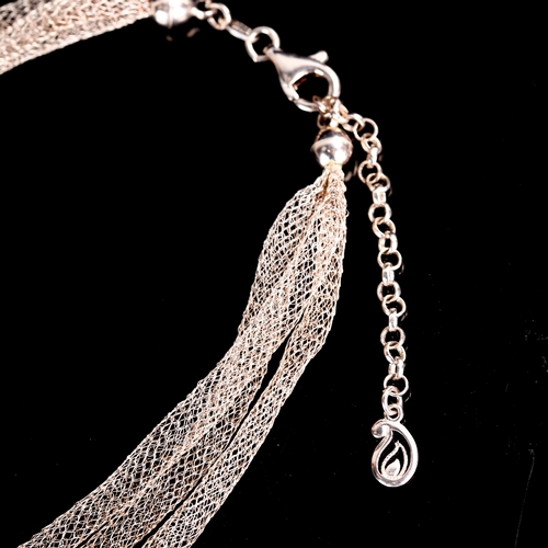 515 - A modern Italian silver and cubic zirconia fringe necklace, fine wirework mesh chain with stone set ... 