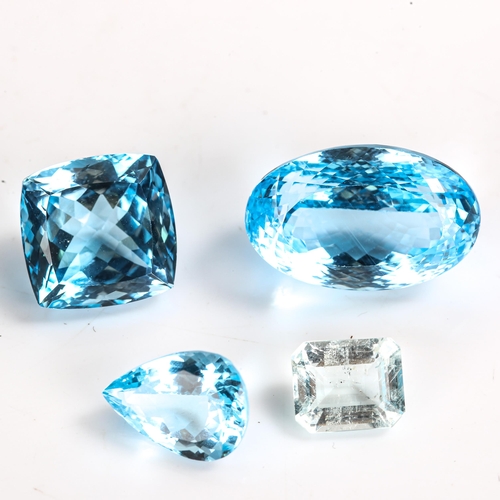 519 - 3 loose gemstones, comprising 4.25ct rectangular step-cut aquamarine, 43.26ct oval blue topaz, and 2... 