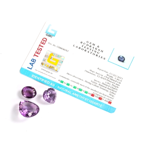 524 - 2 unmounted amethyst, comprising 6.10ct heart-cut and 5.46ct oval mixed-cut, both with certificates ... 