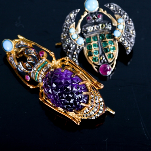 534 - 2 modern silver gem set figural scarab and beetle brooches, gemstones include amethyst, ruby, emeral... 