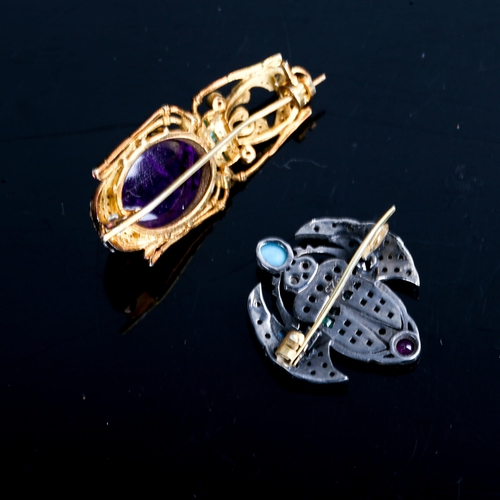 534 - 2 modern silver gem set figural scarab and beetle brooches, gemstones include amethyst, ruby, emeral... 