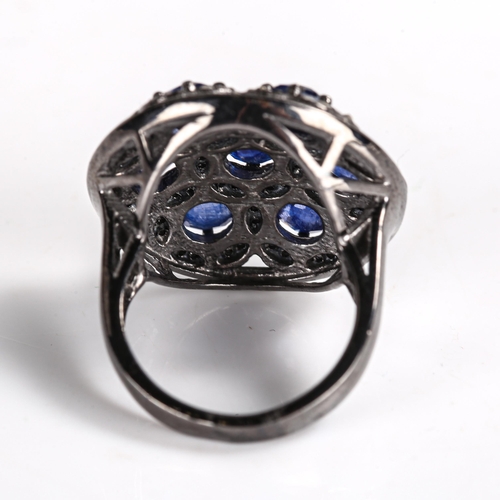 538 - A modern oxidised silver kyanite and diamond cluster ring, set with rose-cut kyanites and diamonds, ... 