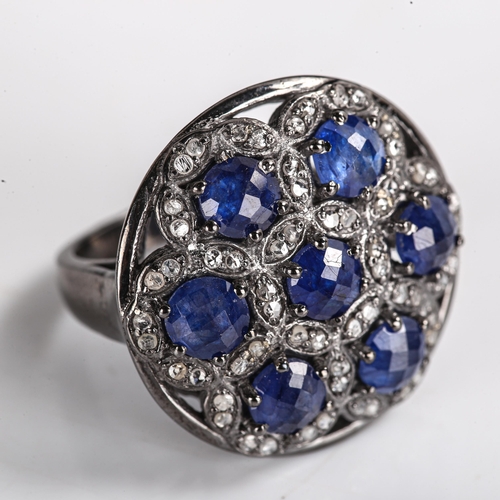 538 - A modern oxidised silver kyanite and diamond cluster ring, set with rose-cut kyanites and diamonds, ... 