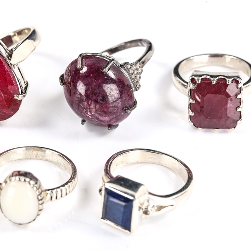 541 - Various modern silver gem set rings, gem stones include cabochon ruby, rectangular step-cut sapphire... 