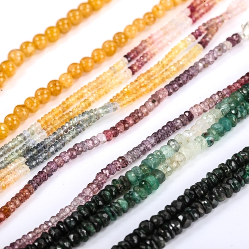 542 - 4 gem set bead necklaces, gem stones include emerald Sri Lankan sapphires, yellow calcite etc, 72.3g... 