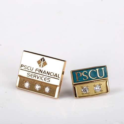 560 - 2 American 9ct gold diamond and cubic zirconia PSCU Financial Services pins, set with brilliant-cut ... 