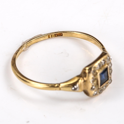 568 - An Antique 18ct gold sapphire and diamond square cluster ring, set with rectangular step-cut sapphir... 