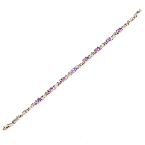 573 - A modern 9ct gold amethyst and diamond bracelet, set with oval mixed-cut amethysts and single-cut di... 