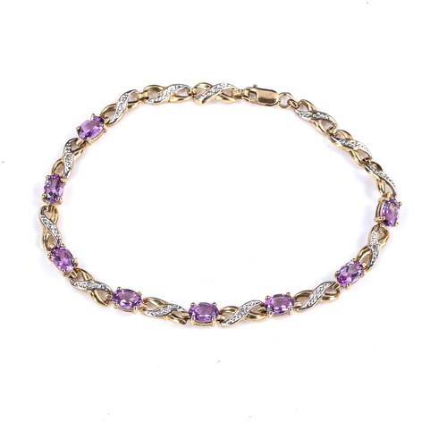 573 - A modern 9ct gold amethyst and diamond bracelet, set with oval mixed-cut amethysts and single-cut di... 