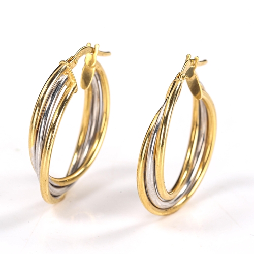 577 - A pair of modern 2-tone 9ct gold crossover hoop earrings, hoop diameter 23mm, 2.2g