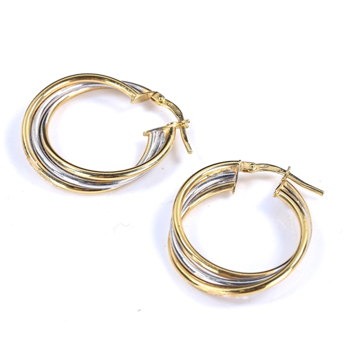 577 - A pair of modern 2-tone 9ct gold crossover hoop earrings, hoop diameter 23mm, 2.2g