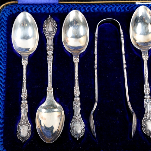 586 - A cased set of 6 George V silver teaspoons and a pair of matching sugar tongs, by Joseph Rodgers & S... 